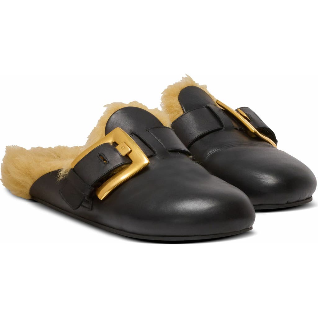 Balmain Flat Leather And Faux Fur Mules In Black