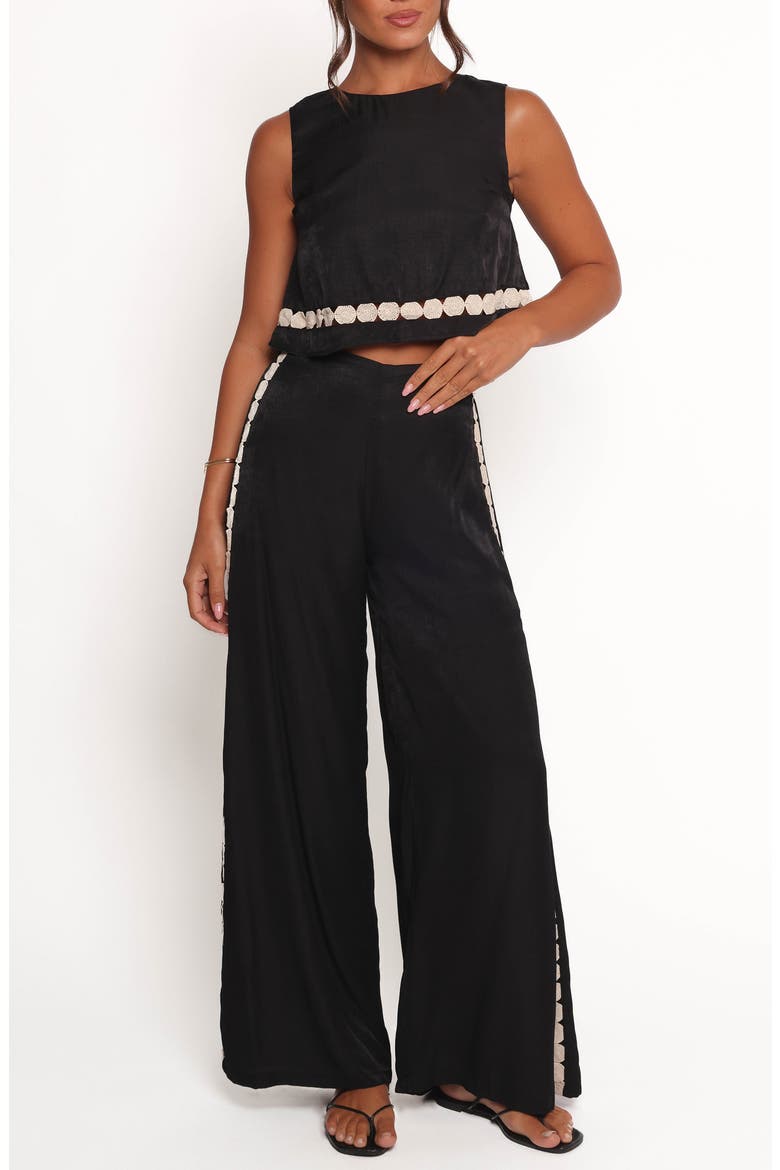 Margarete Embroidered Detail Crop Top & Wide Leg Pants Set, Main, color, BLACK CREAM