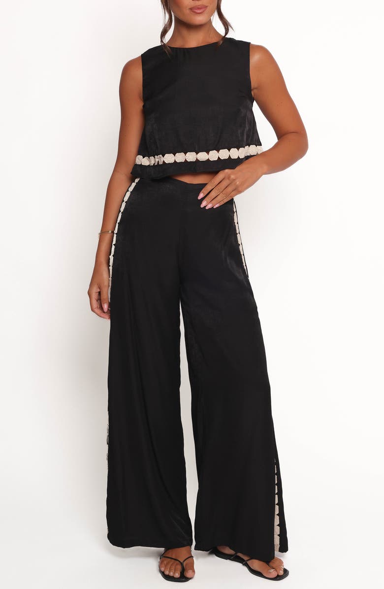 Petal & Pup Margarete Embroidered Detail Crop Top & Wide Leg Pants Set, Main, color, Black Cream