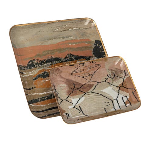 Landscape and Abstract Enameled Metal Trays, Set of 2