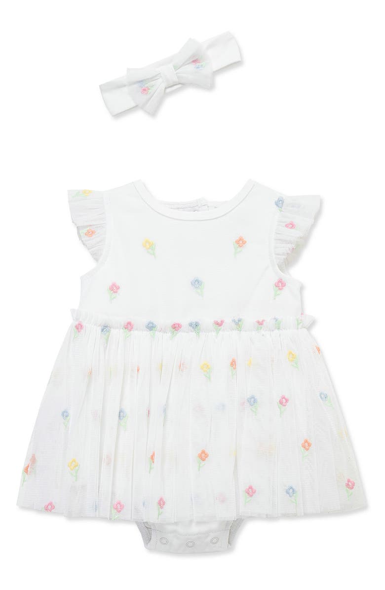Little Me Sweet Rloral Romper & Headband Set, Main, color, White