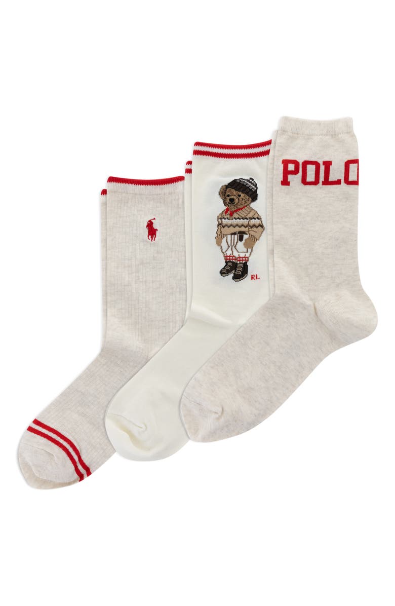 Polo Ralph Lauren Colorado Bear Assorted 3-Pack Cotton Blend Crew Socks, Alternate, color, Oatmeal