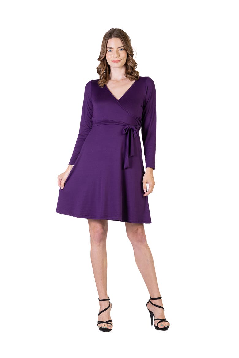 Chic V-Neck Long Sleeve Belted Dress, Main, color, Purple