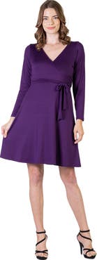 24seven Comfort Apparel Chic V-Neck Long Sleeve Belted Dress
