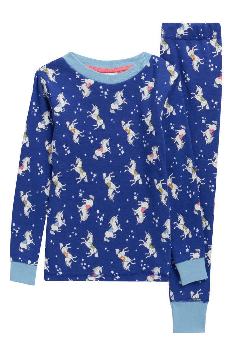 Mini Boden Kids' Glow in the Dark Fitted Two-Piece Cotton Pajamas, Main, color, Mazarine Blue Unicorns