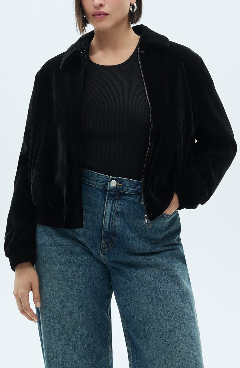 MANGO Velvet Bomber Jacket, Alternate, color, Black
