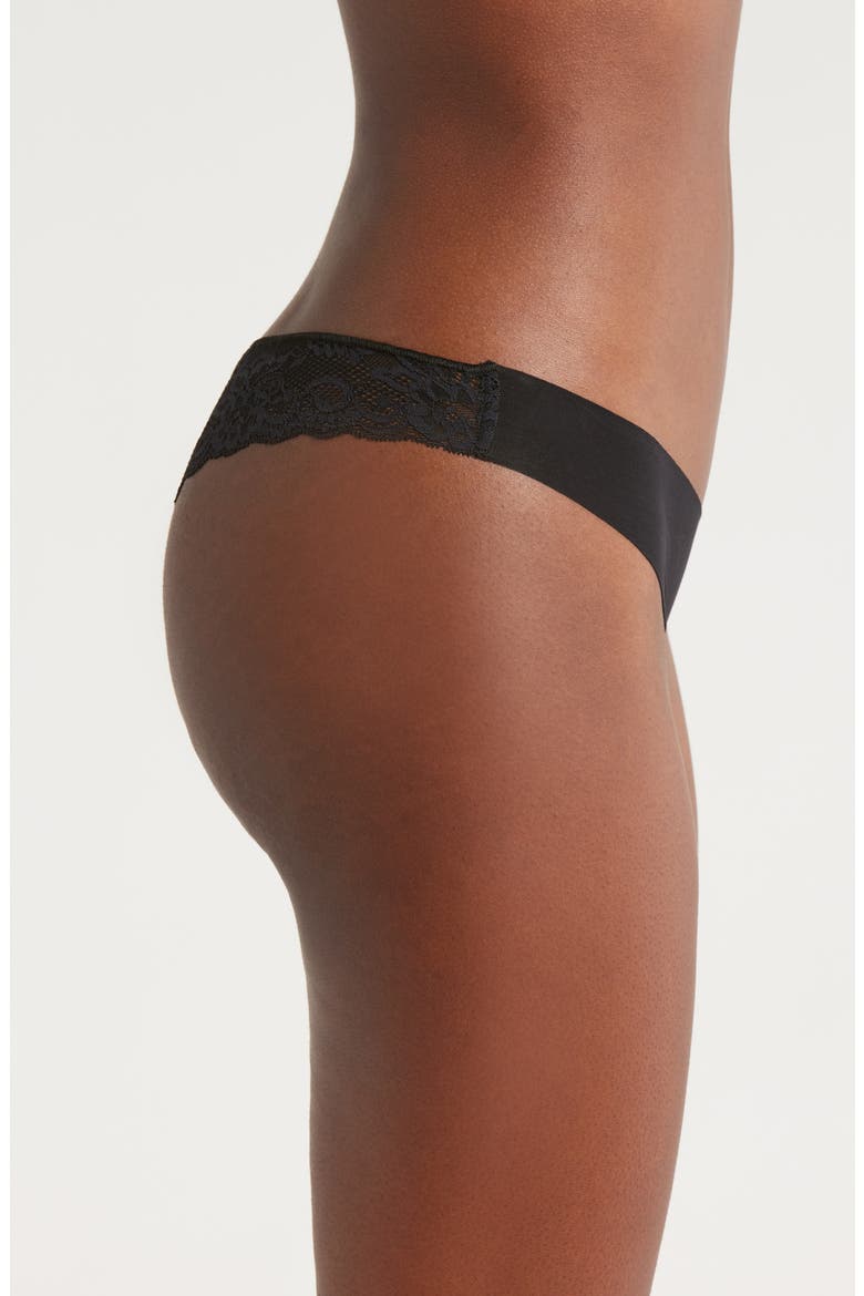 Estelle Lace Trim Stretch Cotton Thong, Alternate, color, BLACK