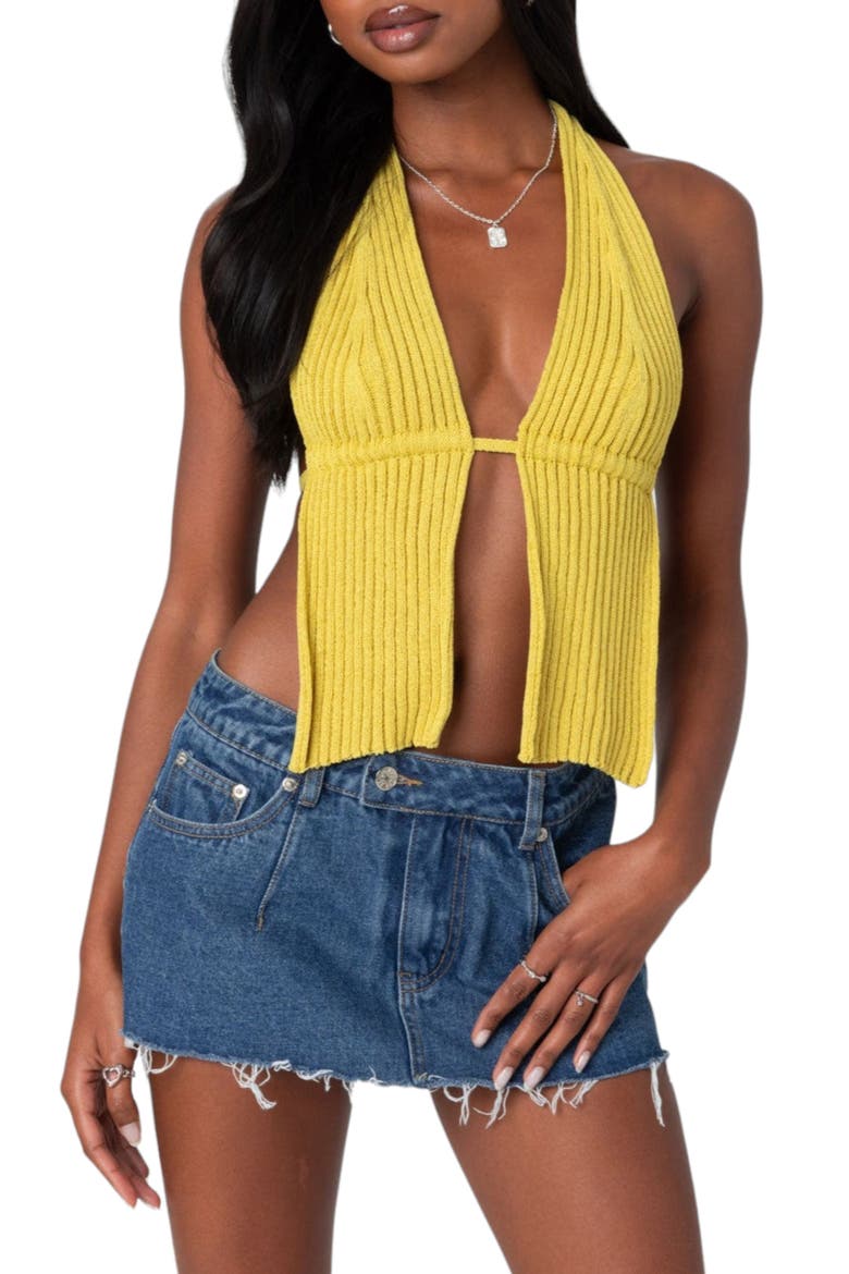 Caraway Split Front Open Back Rib Halter Top, Main, color, GREEN