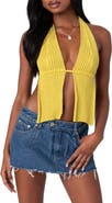 EDIKTED Caraway Split Front Open Back Rib Halter Top