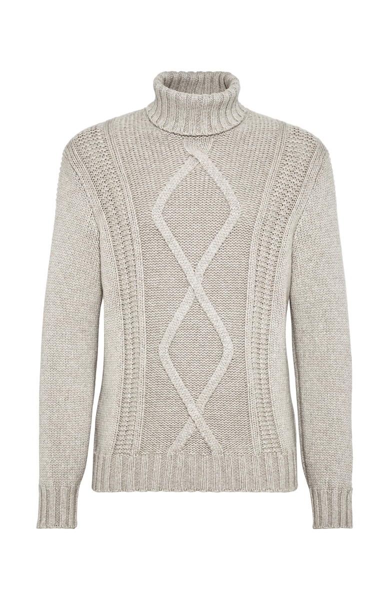 Brunello Cucinelli Irish cable turtleneck sweater in cashmere Feather yarn, Main, color, 