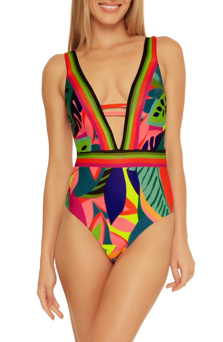 Trina Turk Rainforest Plunge One-Piece Swimsuit, Main, color, Green Multi