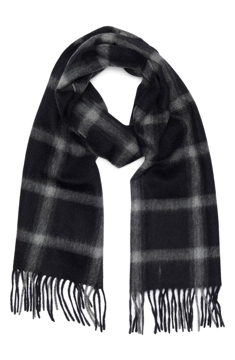 NORDSTROM RACK Men's Cashmere Fringe Scarf, Main, color, Black- Ivory Plaid