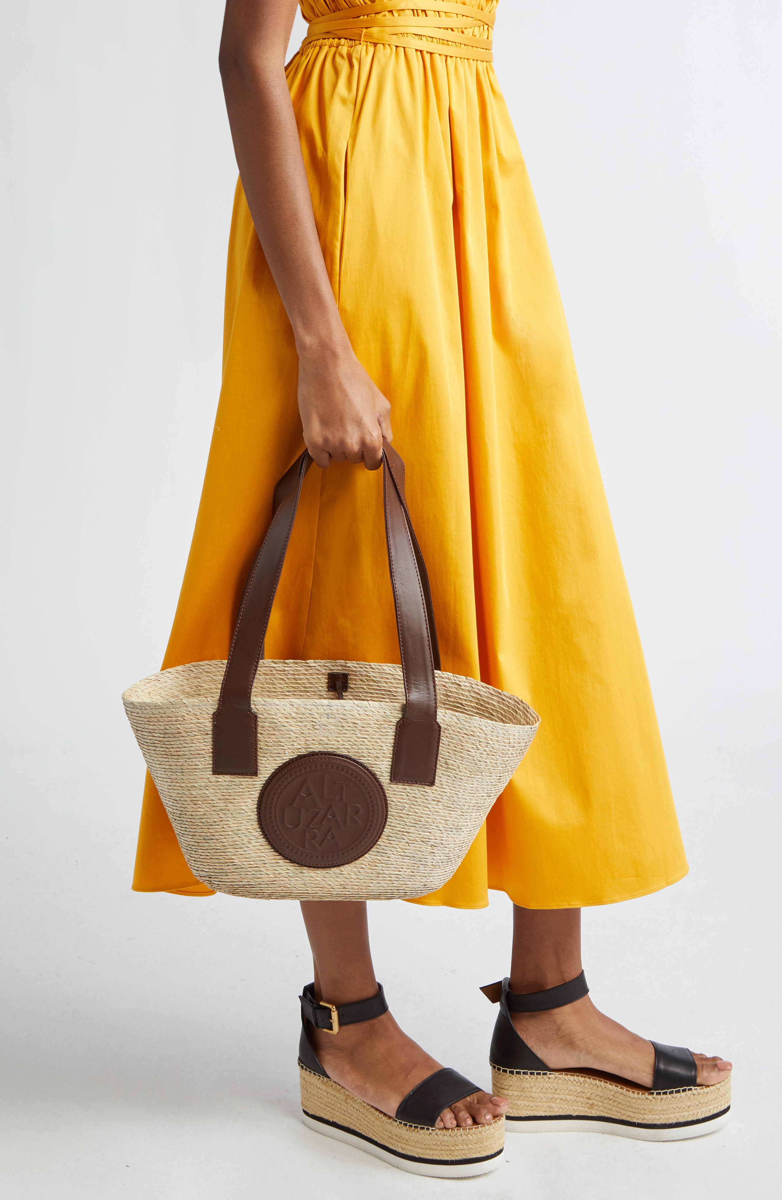 Altuzarra Small Watermill Straw 
Leather Tote, Alternate, color, Praline