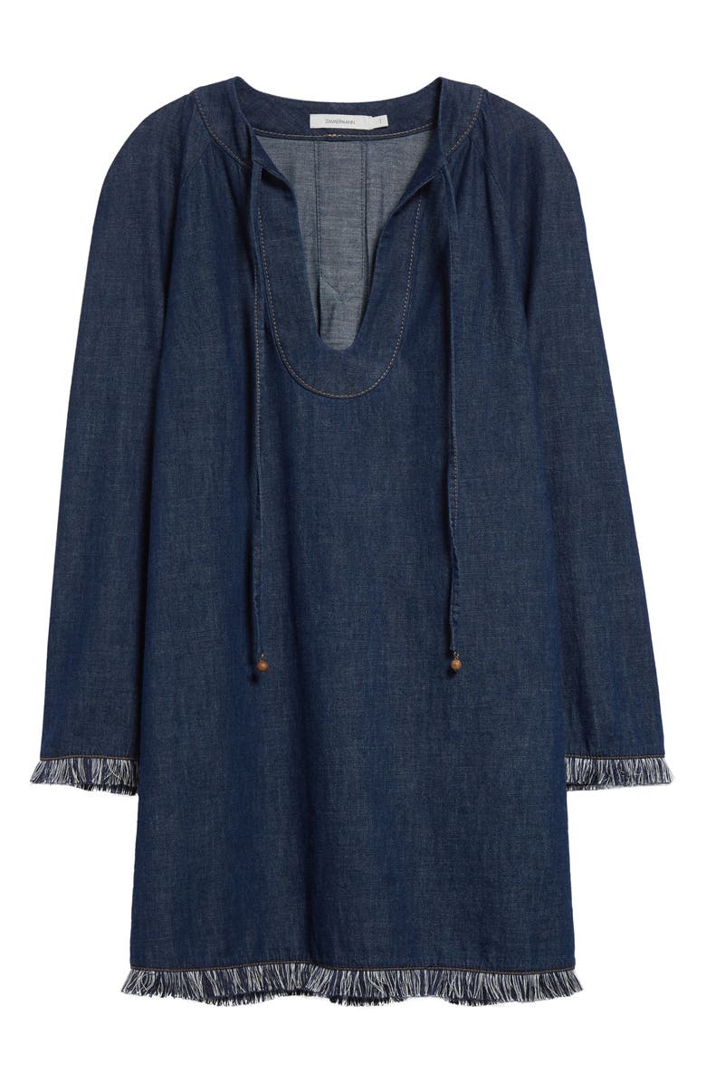 Zimmermann Rhiannon Long Sleeve Fringe Trim Denim Minidress, Alternate, color, Atlantic