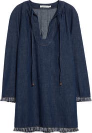 Zimmermann Rhiannon Long Sleeve Fringe Trim Denim Minidress