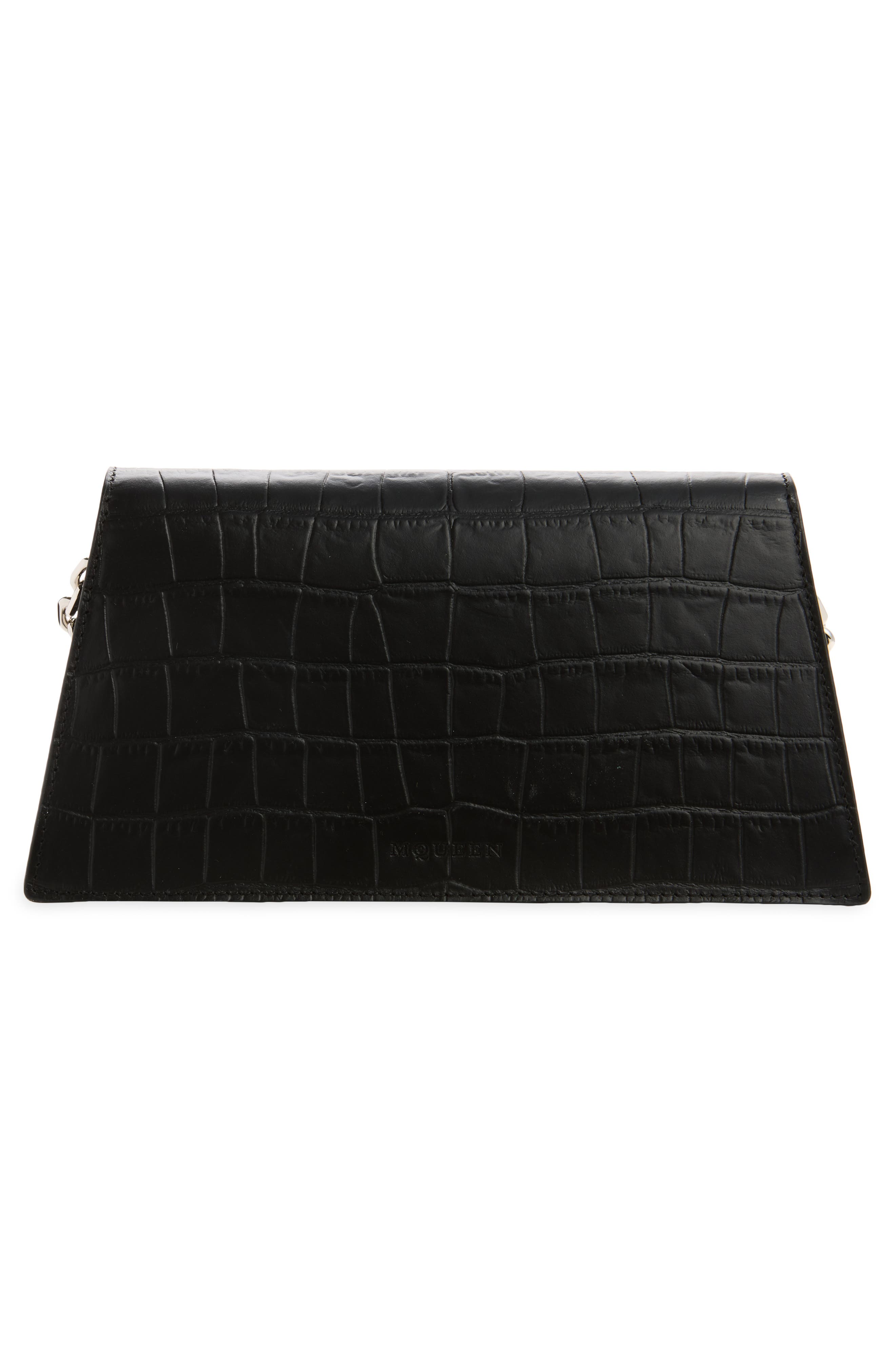 McQueen Mini Skull Croc Embossed Leather Crossbody Bag, Alternate, color, Black