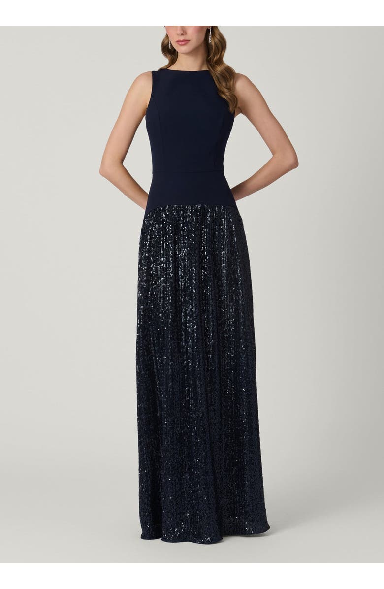 Shoshanna Midnight Dorothy Pleated Sequin Crepe Combo Dress, Main, color, Navy