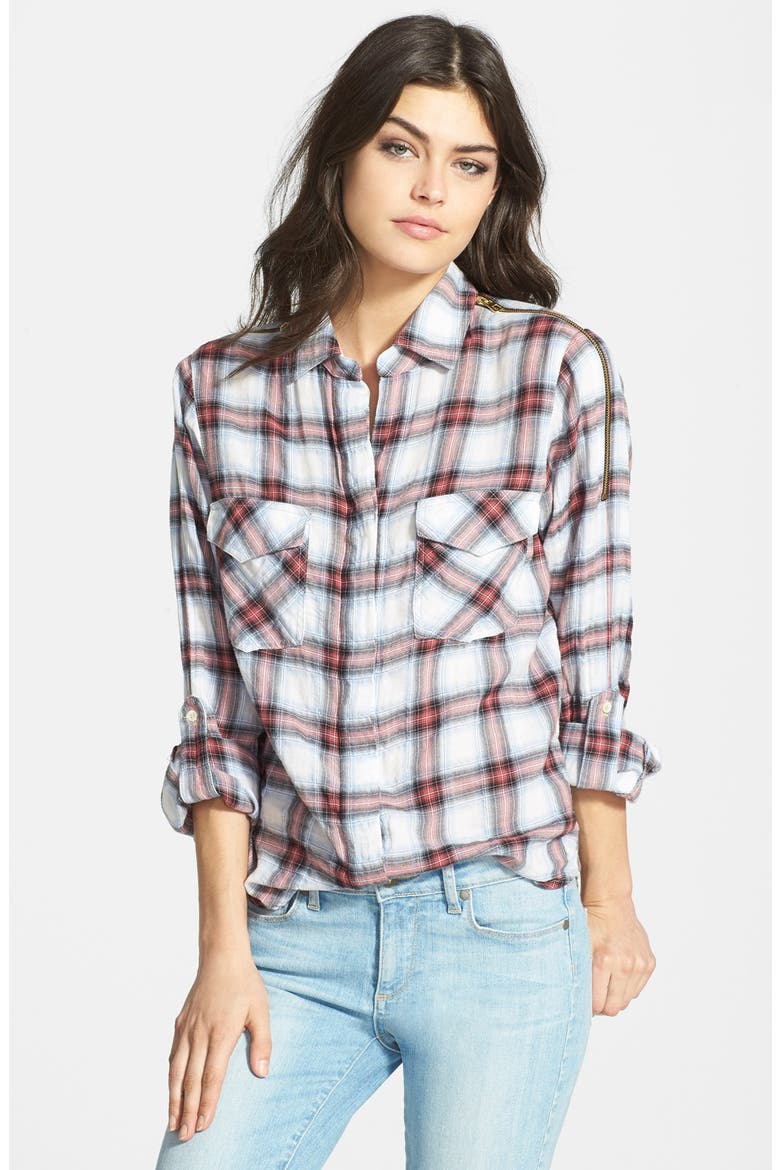 Zip Shoulder Plaid Shirt, Main, color, WHITE MULTI