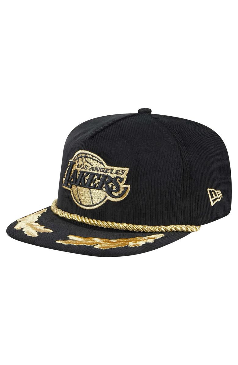 New Era Men's New Era  Black Los Angeles Lakers Corduroy Gold Leaf Golfer Snapback Hat, Main, color, 