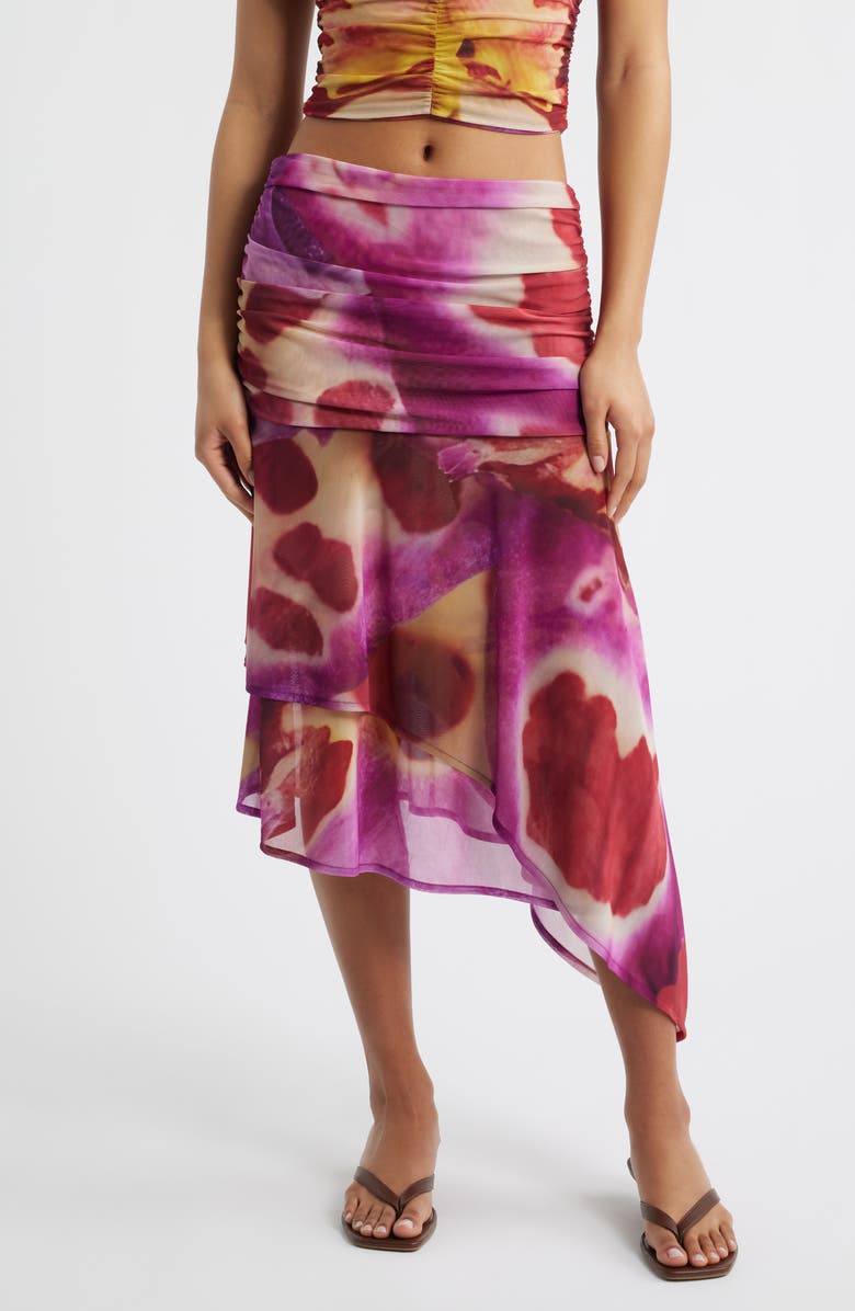 Feners Festa Print Asymmetric Hem Midi Skirt, Main, color, Bloom