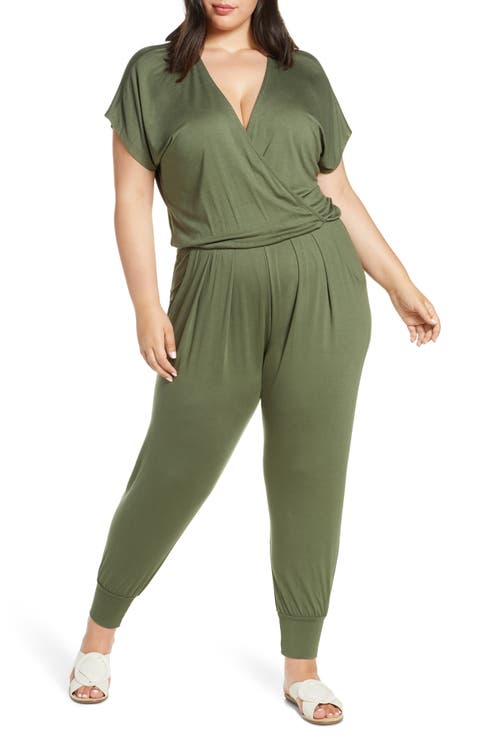 Short Sleeve Wrap Top Jumpsuit (Plus Size)