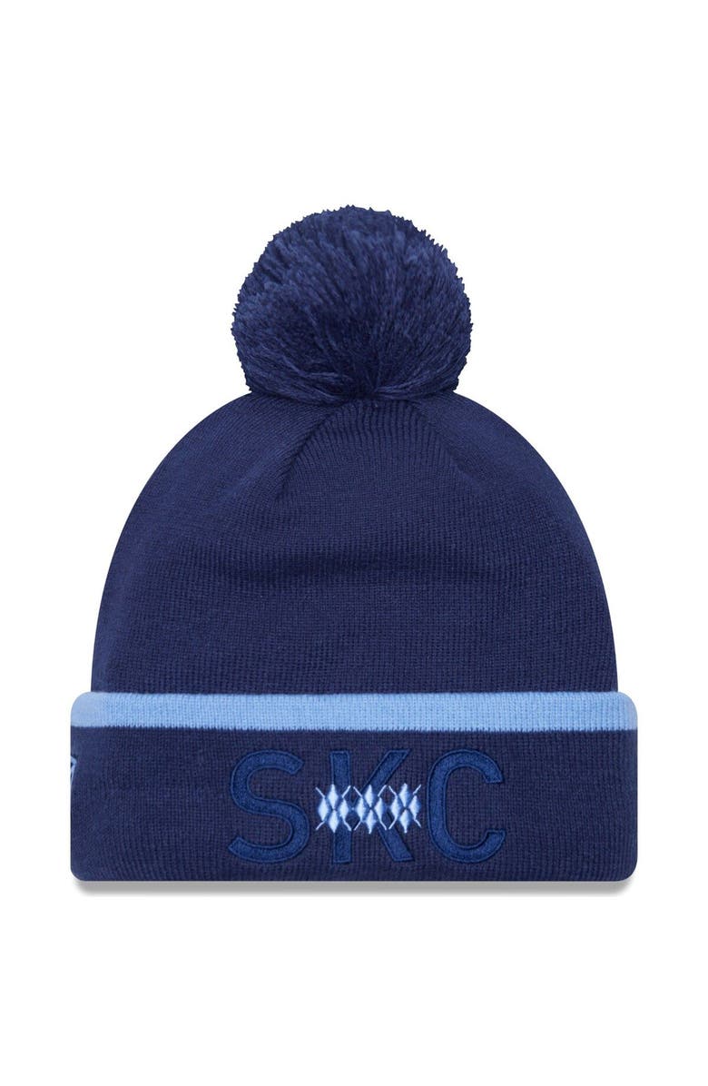 New Era Men's New Era Navy Sporting Kansas City Wordmark Kick Off Cuffed Knit Hat with Pom, Main, color, 