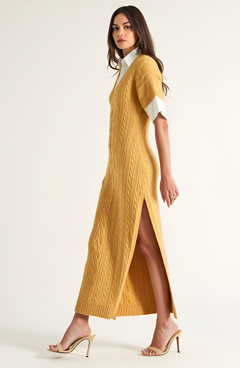Modenaire Cable-Knit Maxi Dress with Side Slit, Alternate, color, Yellow
