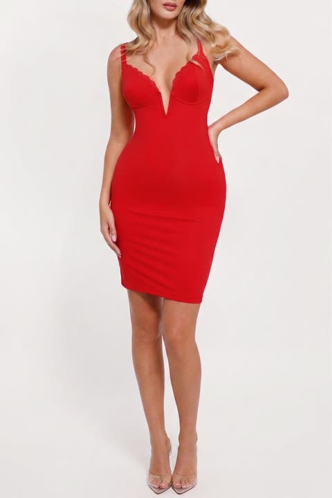 Shapewear Plunging V Lace Trim Bodycon Mini Dress