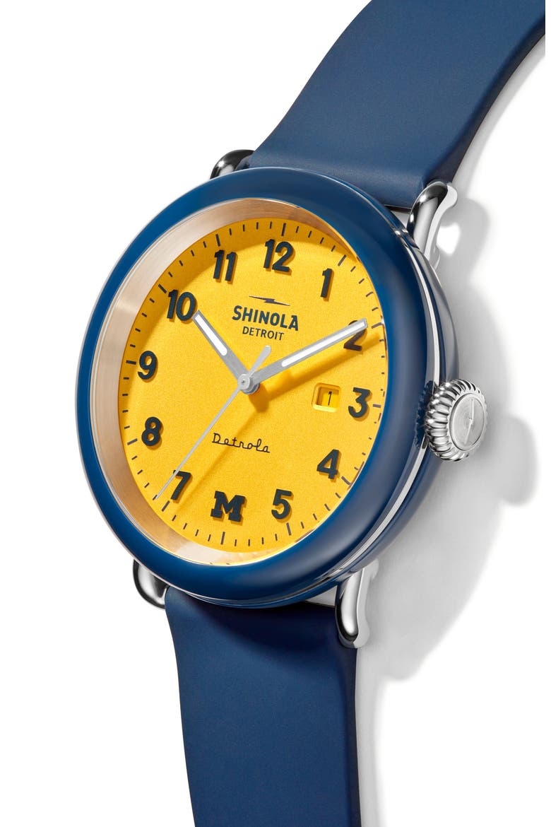 Detrola The Wolverine Silicone Strap Watch, 43mm, Alternate, color, MIDNIGHT BLUE/ MAIZE/ SILVER