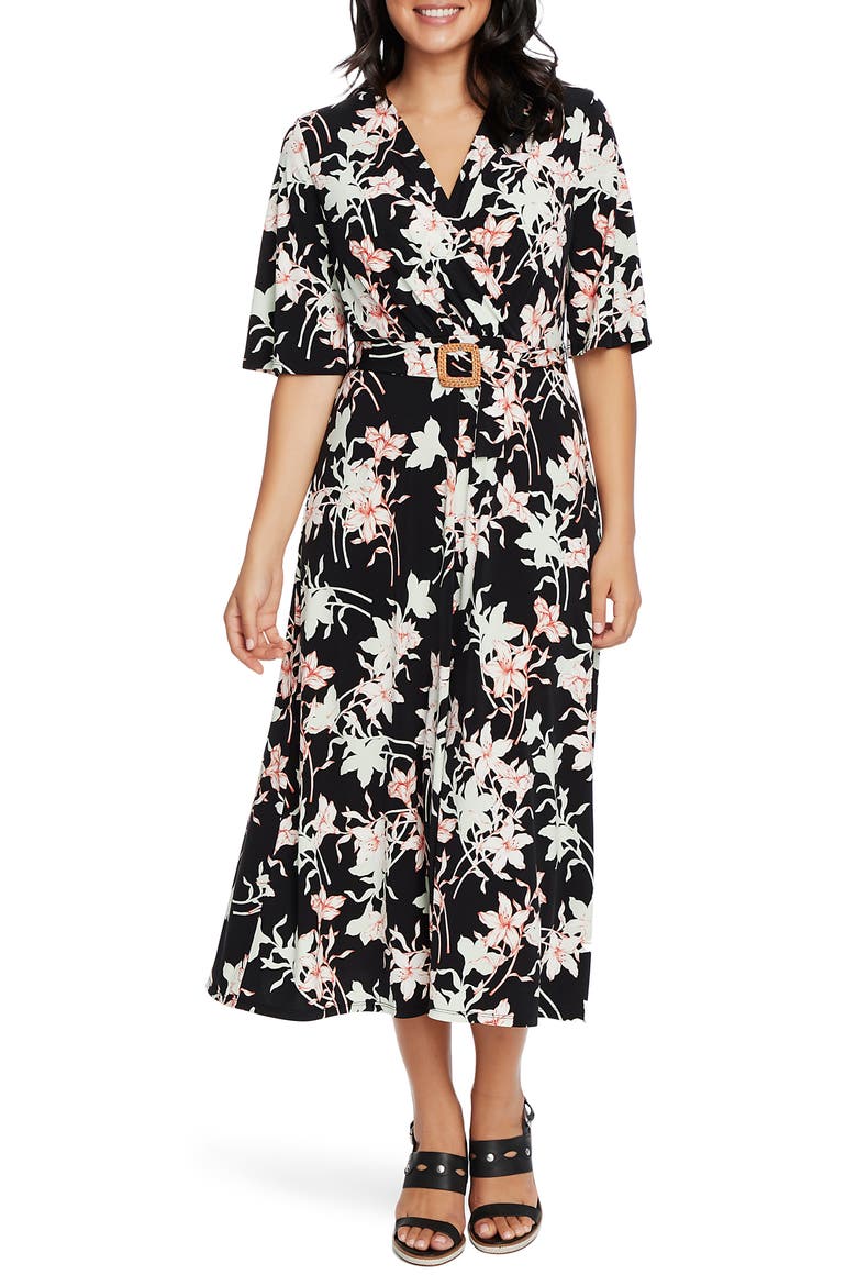 Floral Wrap Front Belted Midi Dress, Main, color, RICH BLACK