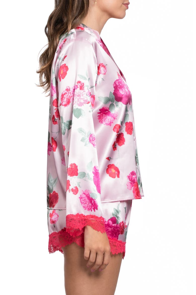 Alyssa Lace Trim Long Sleeve Satin Shorts Pajamas, Alternate, color, LIGHT PINK