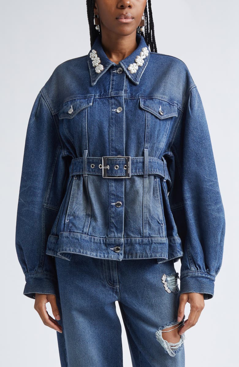 Simone Rocha Faux Pearl Detail Belted Denim Jacket, Main, color, Distressed Blue/ Pearl