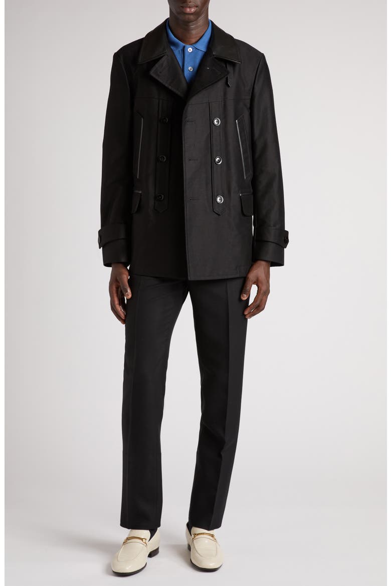 Leather Trimmed Brushed Cotton Satin Peacoat, Alternate, color, BLACK