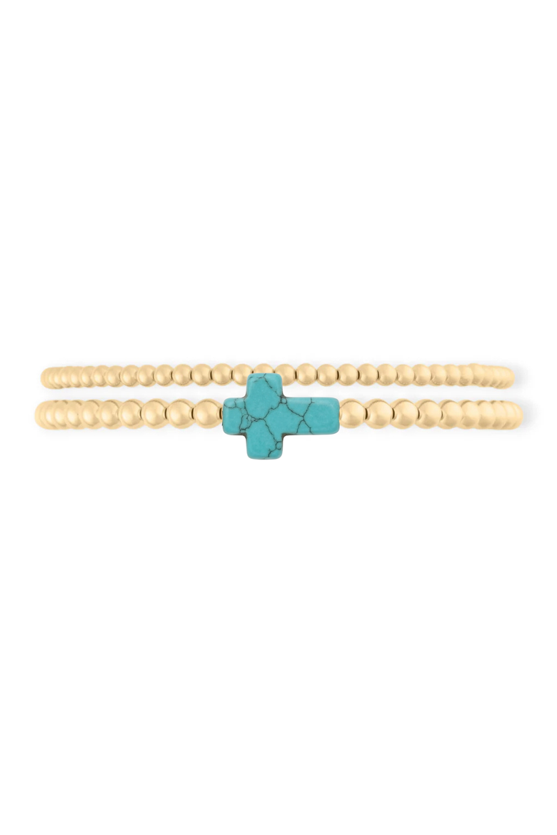 turquoise cross juno 14k gold filled bead bracelet two stack, Main, color, Gold