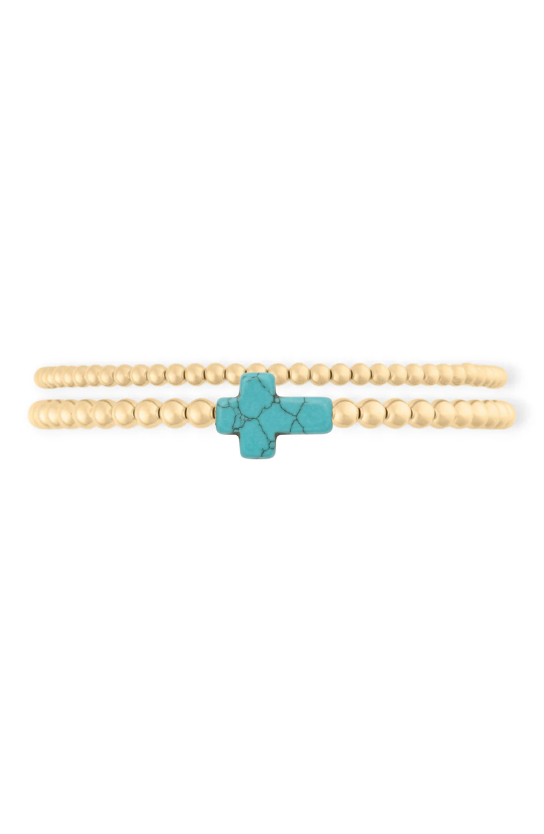 CUFFED BY NANO turquoise cross juno 14k gold filled bead bracelet two stack, Main, color, Gold
