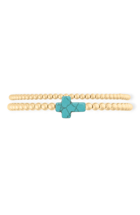 turquoise cross juno 14k gold filled bead bracelet two stack