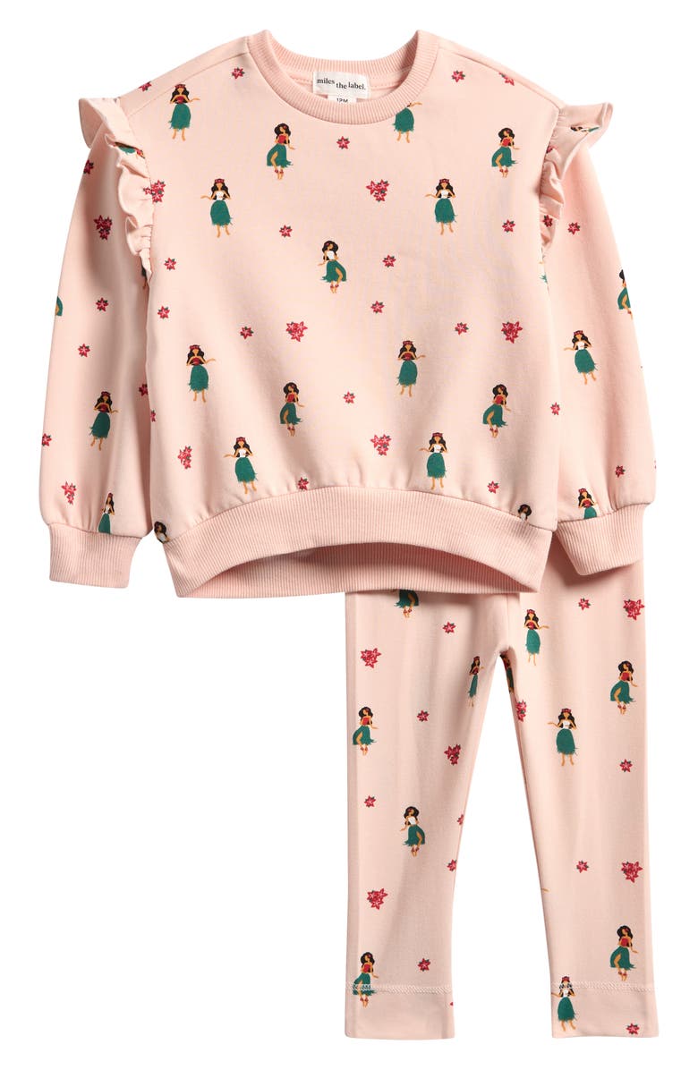 MILES THE LABEL Hula Print Ruffle Sweatshirt & Leggings Set, Main, color, Light Pink