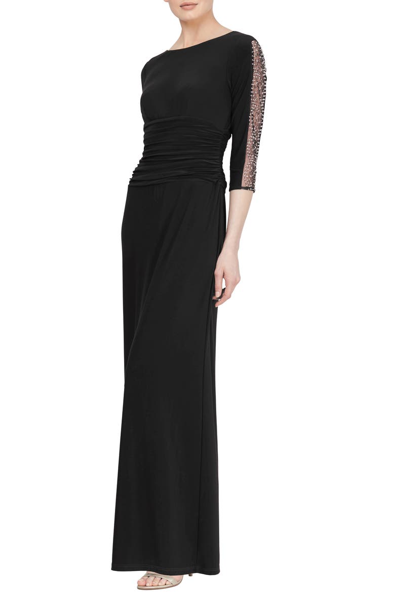 SL FASHIONS Ruched Waist Embellished Sleeve Gown, Main, color, Black