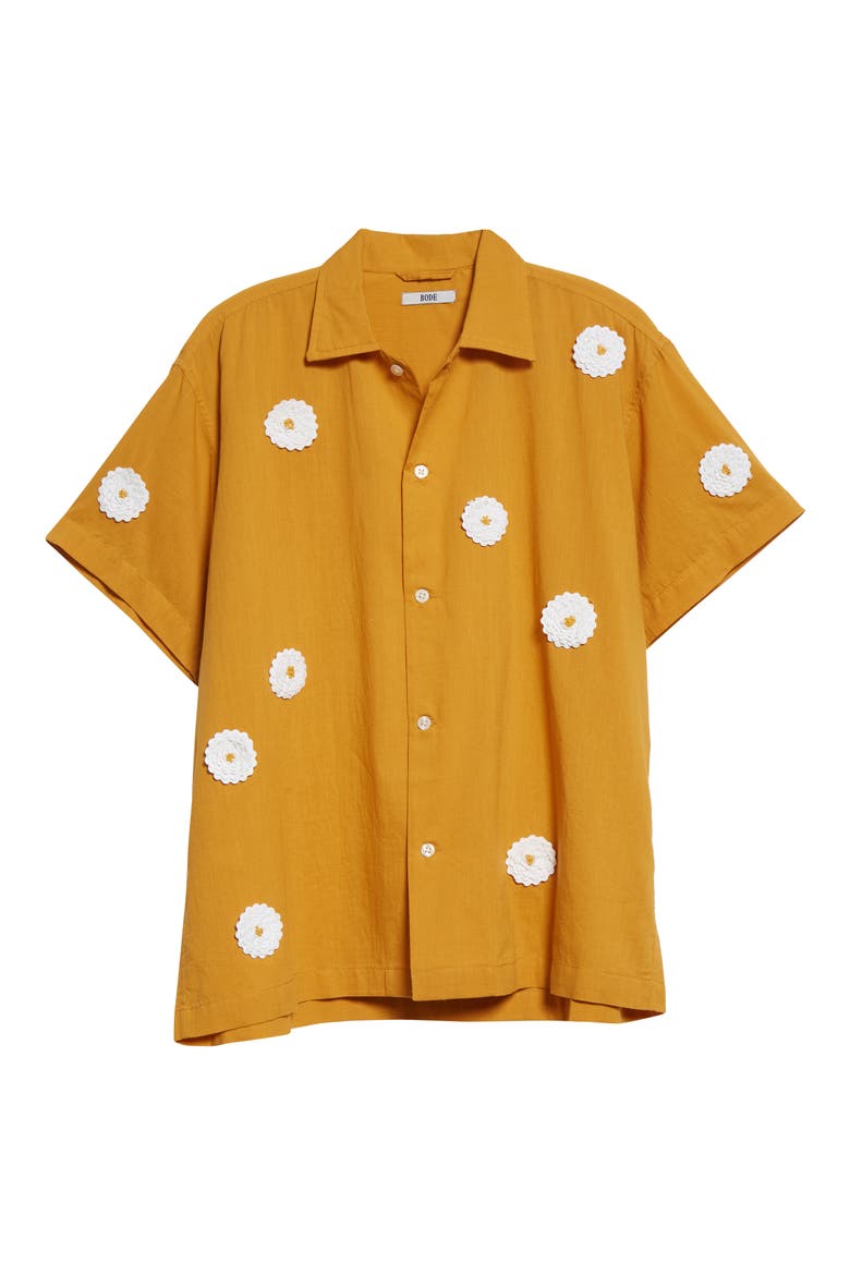 Daisy Rickrack Short Sleeve Cotton Button-Up Shirt, Alternate, color, MARIGOLD