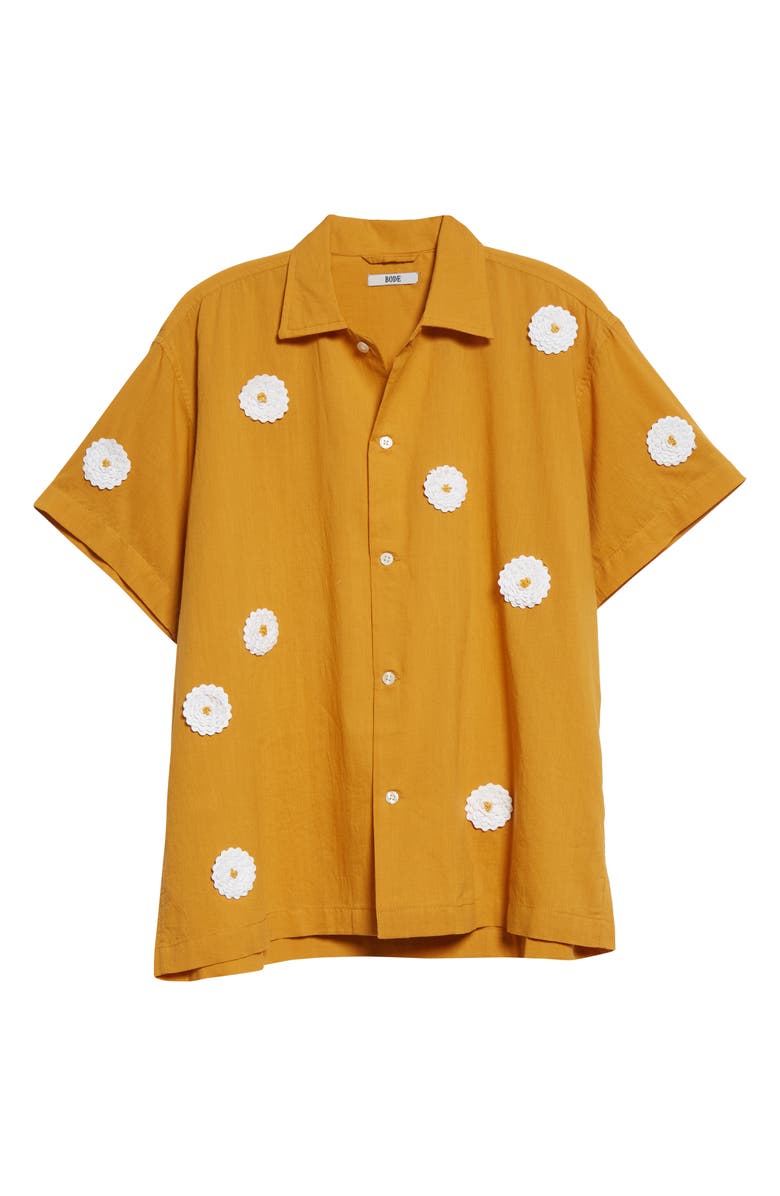 Bode Daisy Rickrack Short Sleeve Cotton Button-Up Shirt, Alternate, color,