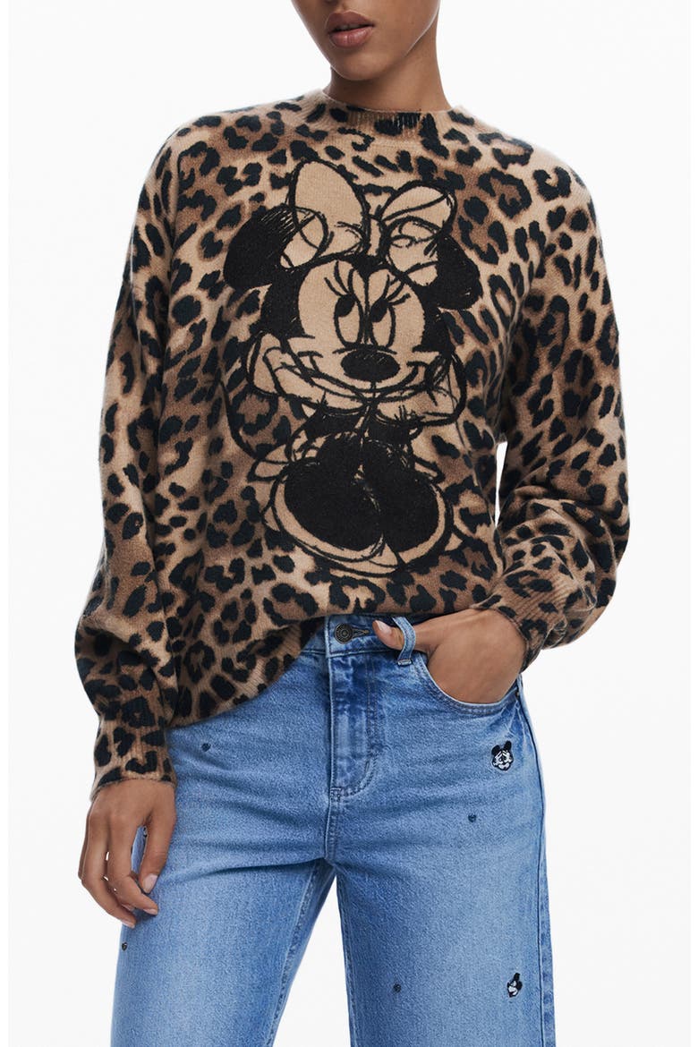 Minnie Mouse Leopard Sweater, Main, color, BROWN