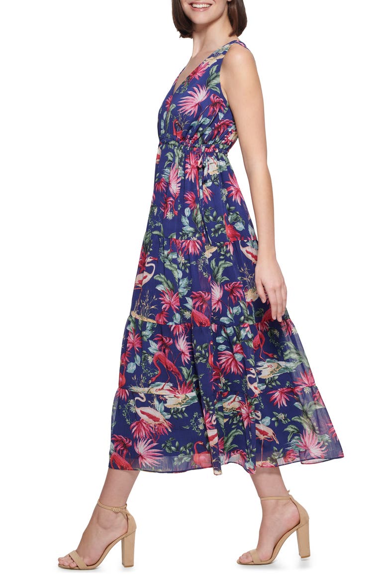Flamingo Print Sleeveless Chiffon Maxi Dress, Alternate, color, NAVY MULTI