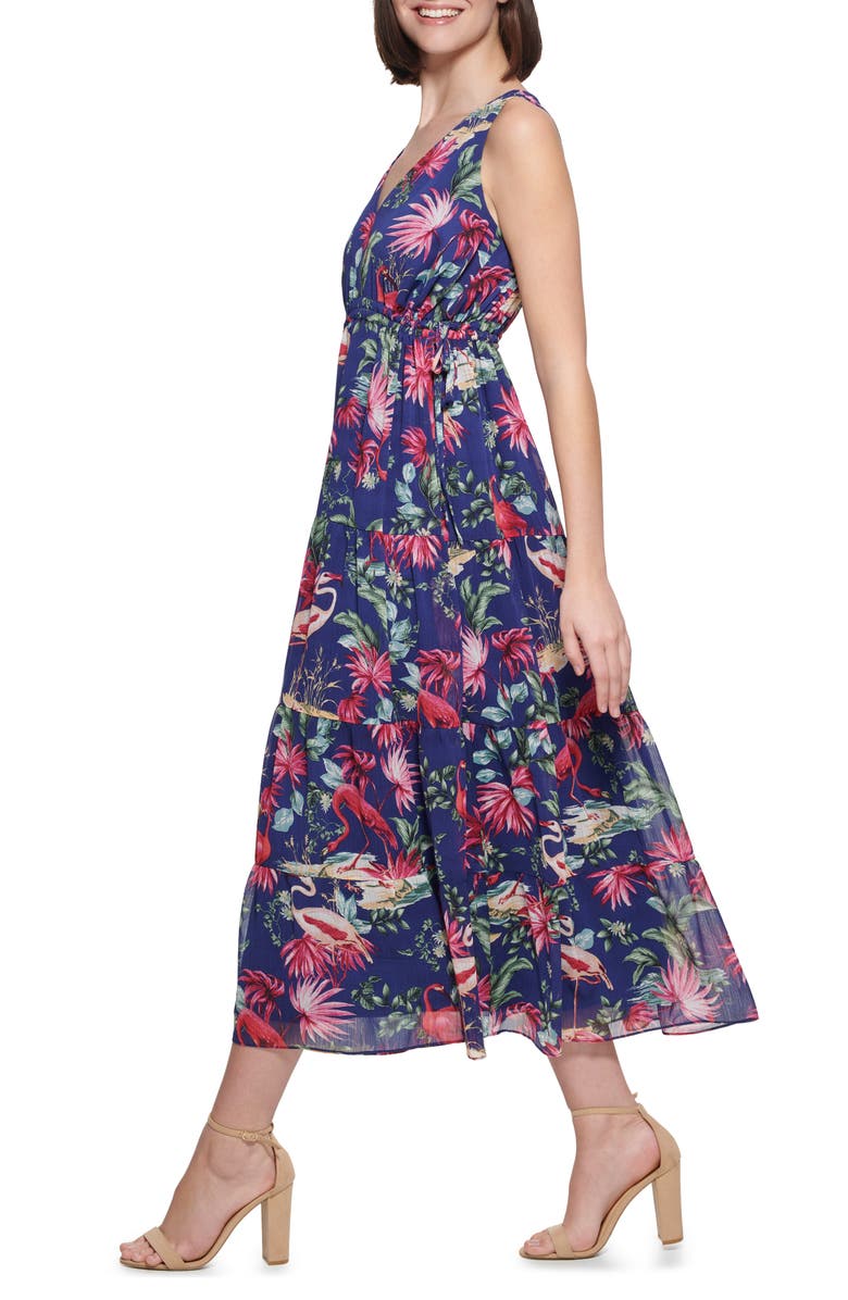 Kensie Flamingo Print Sleeveless Chiffon Maxi Dress, Alternate, color, Navy Multi