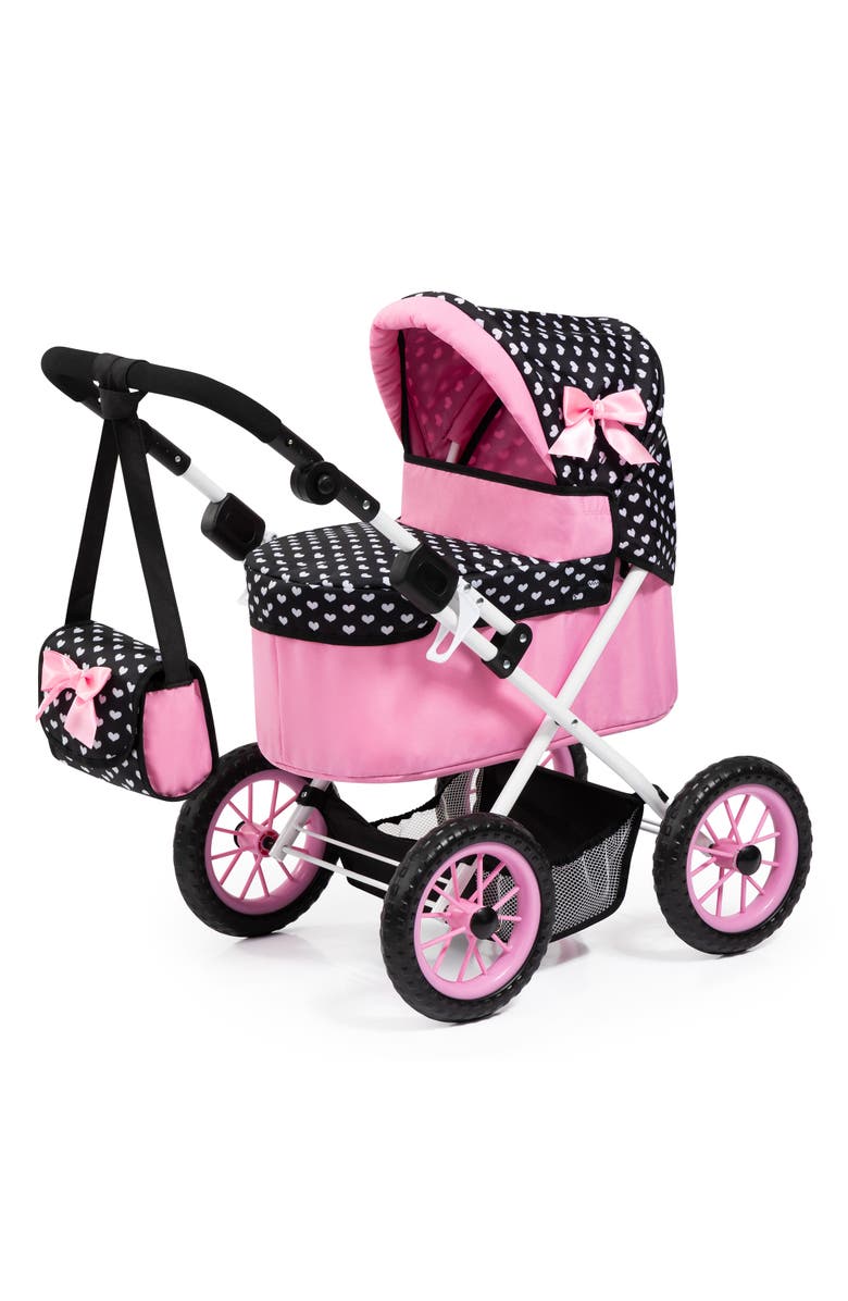 Bayer Design Trendy Doll Pramblack & Pink W/ Hearts Dolls 18", Main, color, Multicolored