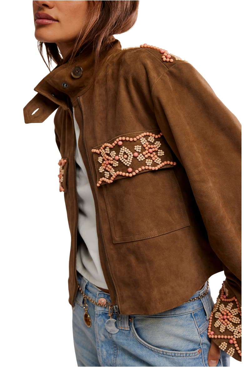 Bali Fading Moon Crop Suede Jacket, Alternate, color, OLIVE BROWN