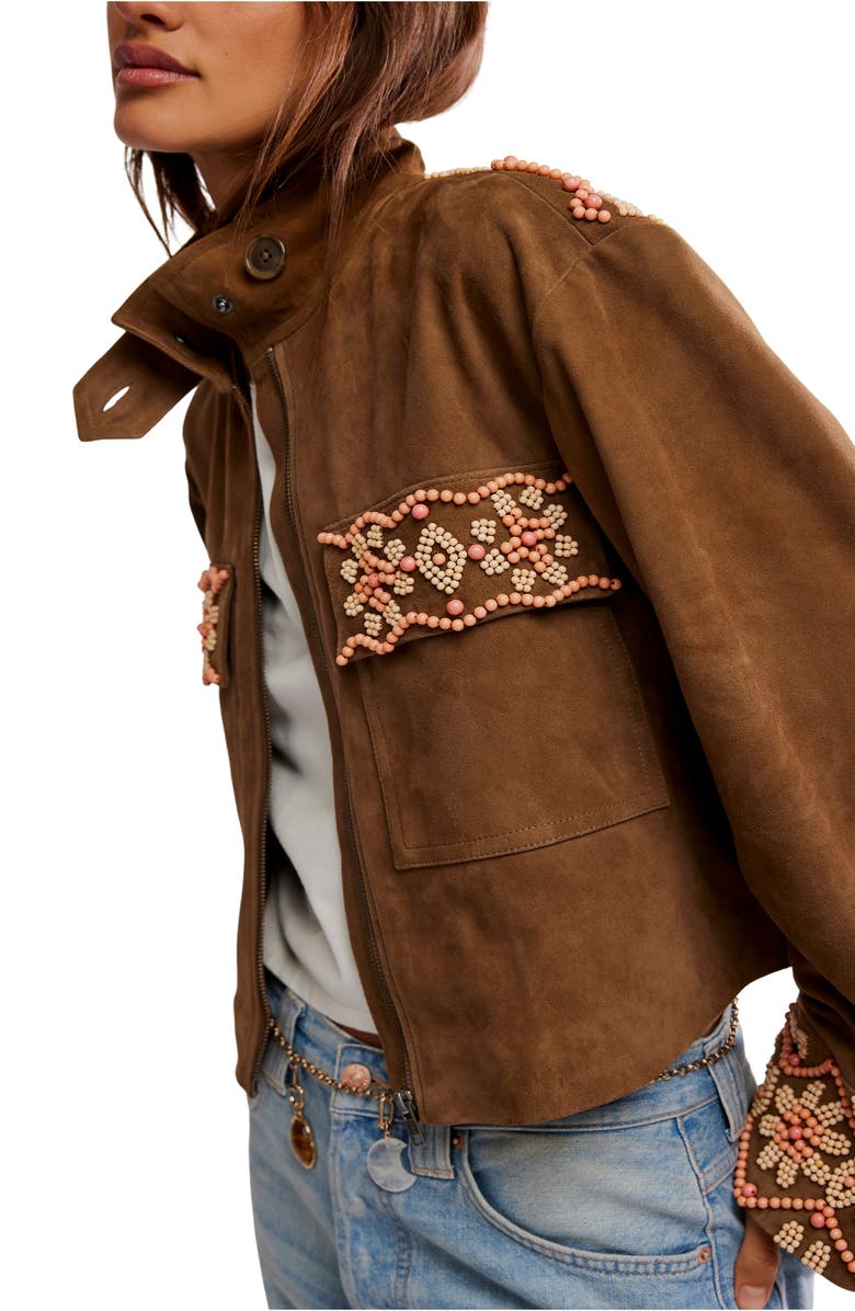 Free People Bali Fading Moon Crop Suede Jacket, Alternate, color, Olive Brown