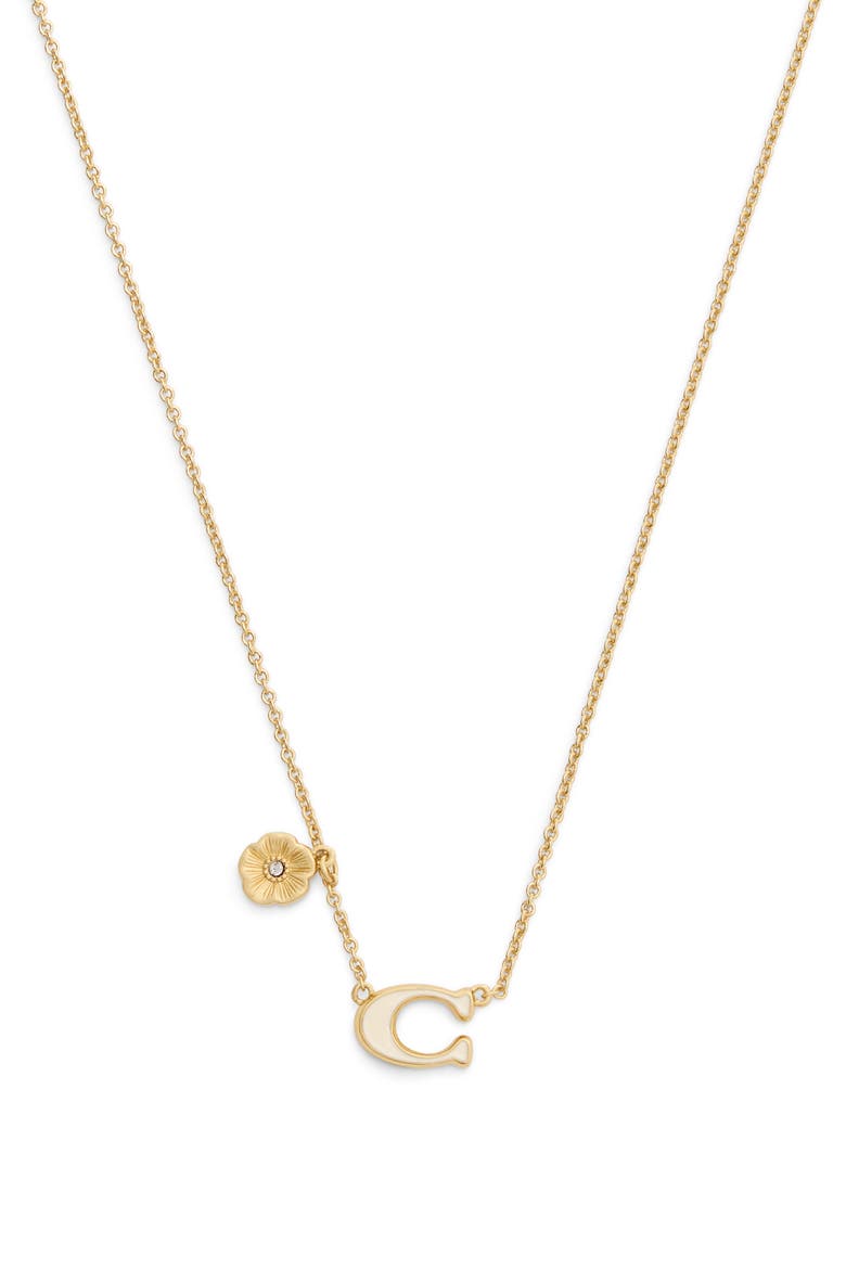Tea Rose & Sculpted C Pendant Necklace, Main, color, WHITE/ GOLD