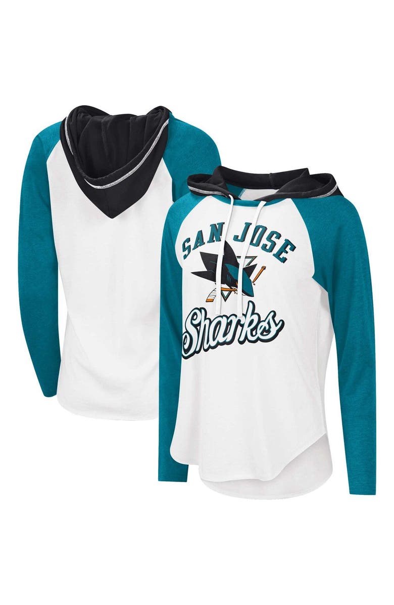 STARTER Women's G-III Sports by Carl Banks White/Teal San Jose Sharks MVP Raglan Lightweight Hooded T-Shirt, Main, color, White