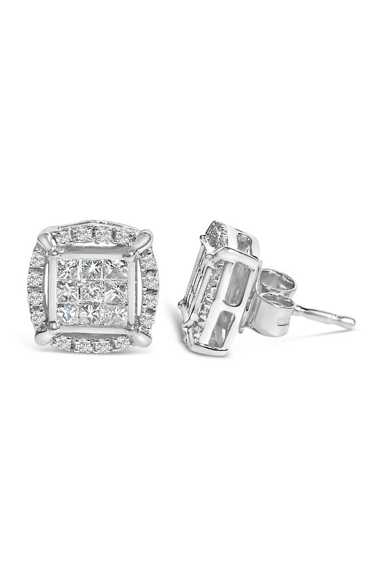 Haus of Brilliance Sterling Silver 1/2 Cttw Princess Cut Diamond Composite and Halo Stud Earrings, Alternate, color, Silver