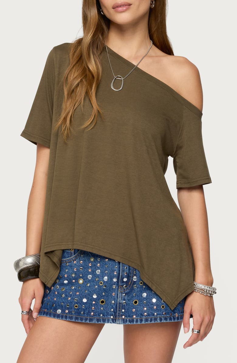 EDIKTED Josy Oversize Off the Shoulder Handkerchief Hem Top, Main, color, Olive